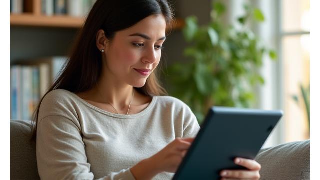 Woman reading a health article on a tablet, smiling and relaxed