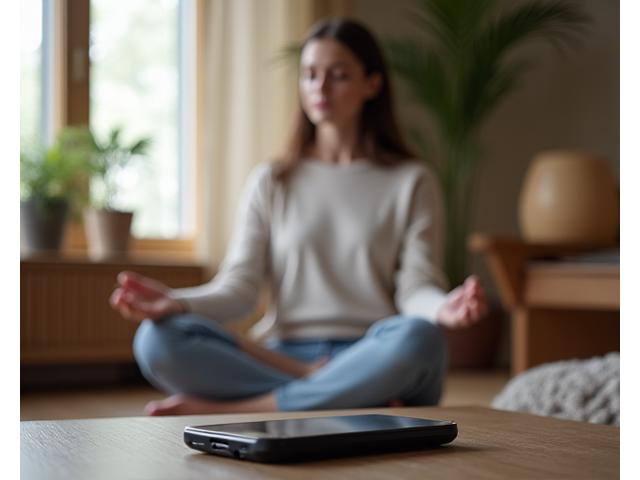 A person meditating calmly with a blurred digital device in the background, symbolizing mindful presence over distraction.