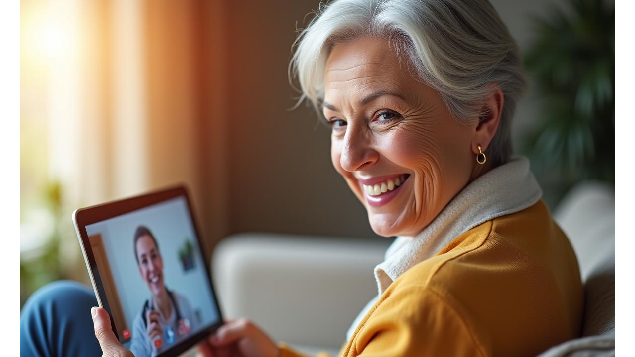 A woman in her 50s having a video call with a health expert, engaged and smiling.