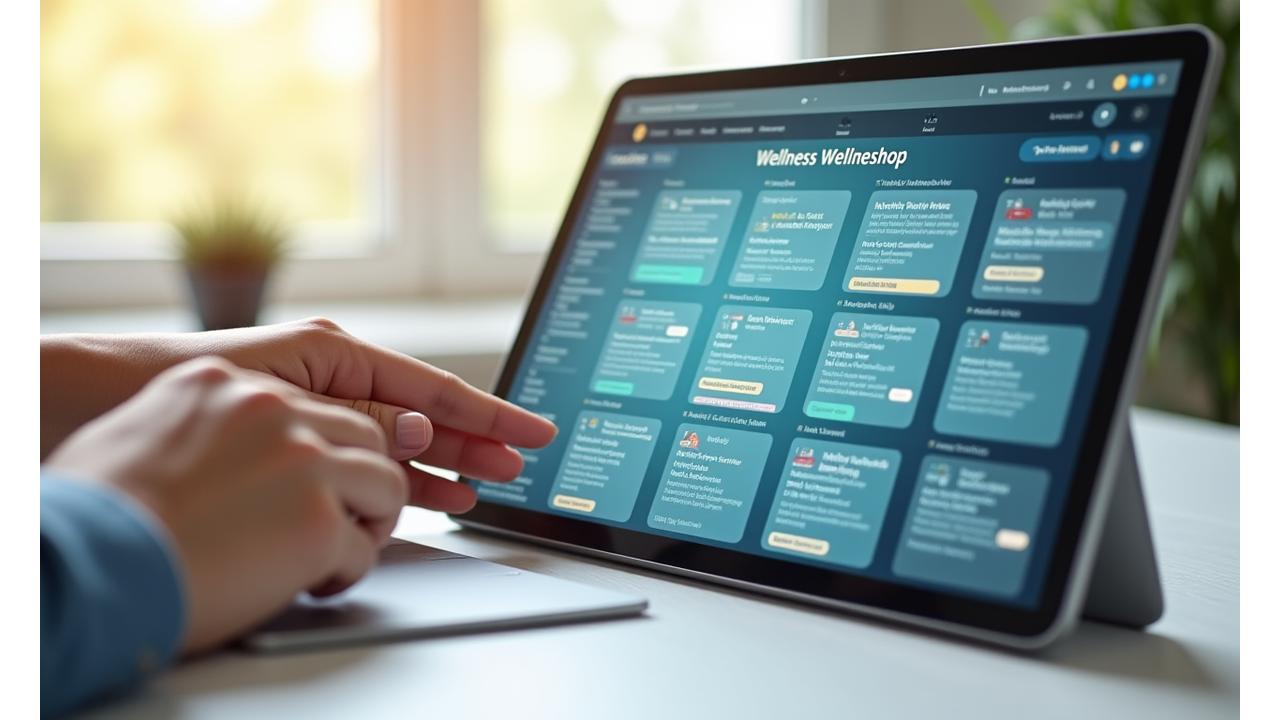 Digital calendar and planner showing virtual wellness workshop schedule with diverse adults interacting online