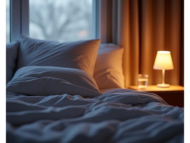 Calm bedroom scene with soft lighting and a prepared bed, representing sleep hygiene