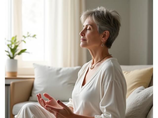 Woman practicing deep breathing with eyes closed, embodying stress management