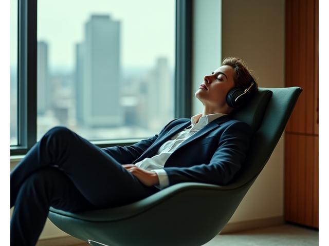 A business professional taking a strategic power nap in a modern office executive lounge, symbolizing energy optimization.