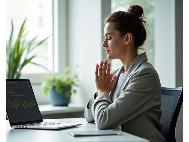 A composed professional practicing a quick stress relief technique at their desk during a busy workday.
