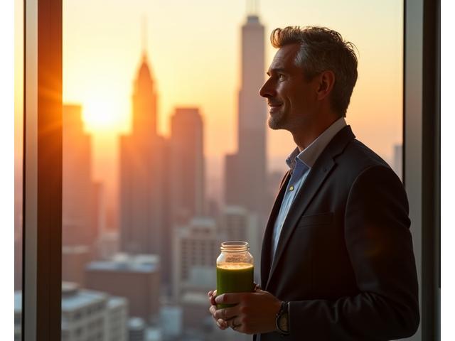 Executive looking confidently at a cityscape, symbolizing professional wellness and thriving in a demanding career.