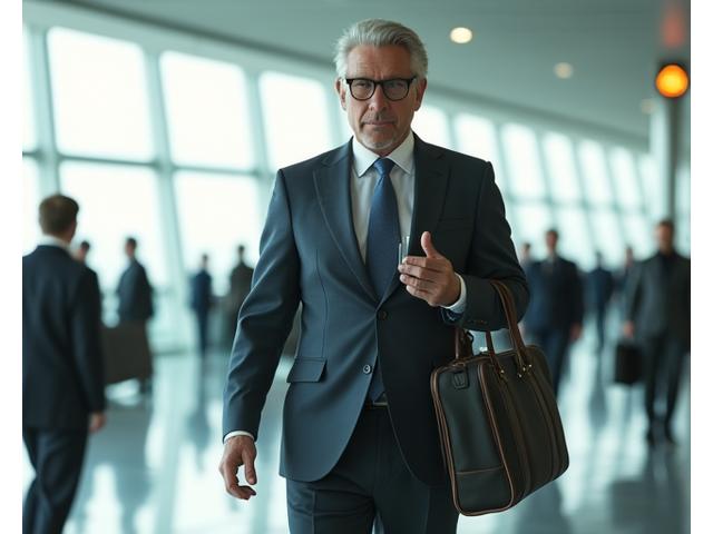 A calm and distinguished executive navigating a modern, clean airport, symbolizing effortless travel wellness.