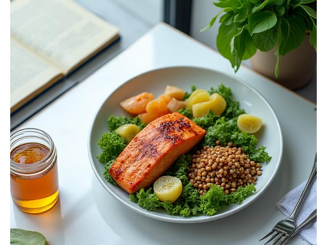 A balanced, healthy meal prepared for an executive at an office desk, showcasing strategic workplace nutrition.